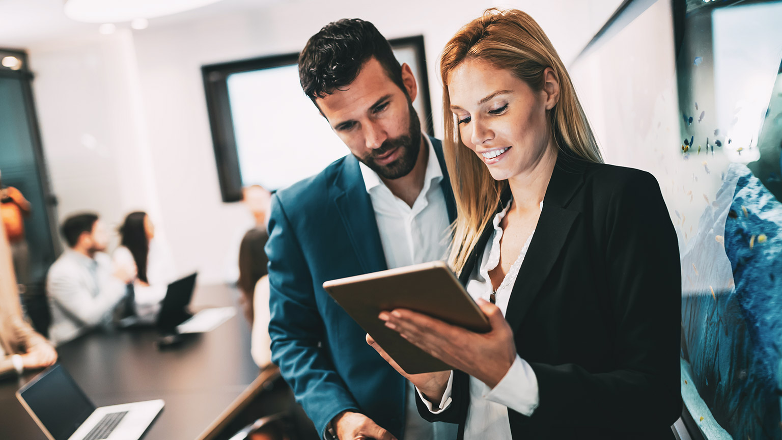 Two professionals in an office meeting room reading legislation on a tablet