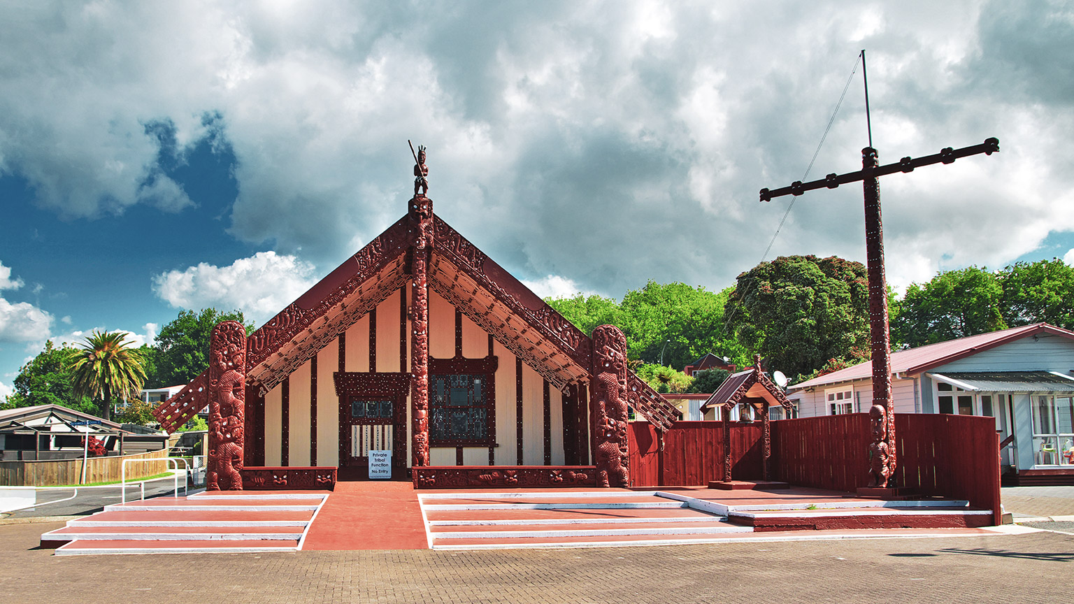 An external view of a traditional maori meeting house