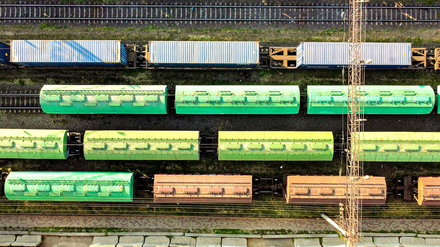 An aerial view of freight trains ready to be exported across the border