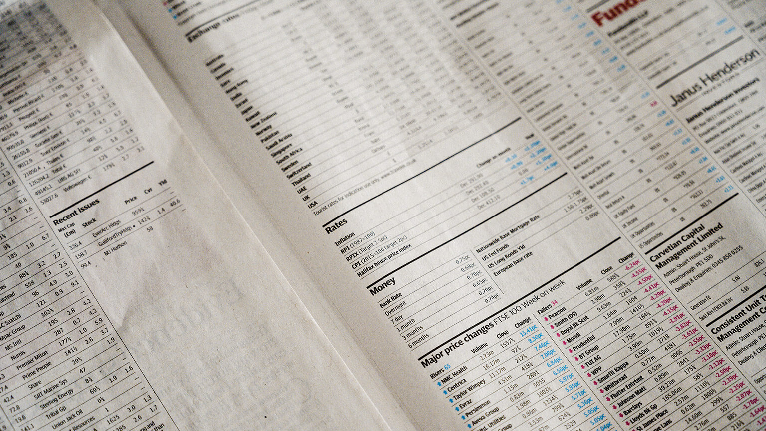 A double-page spread from a financial paper, presenting large amounts of financial data