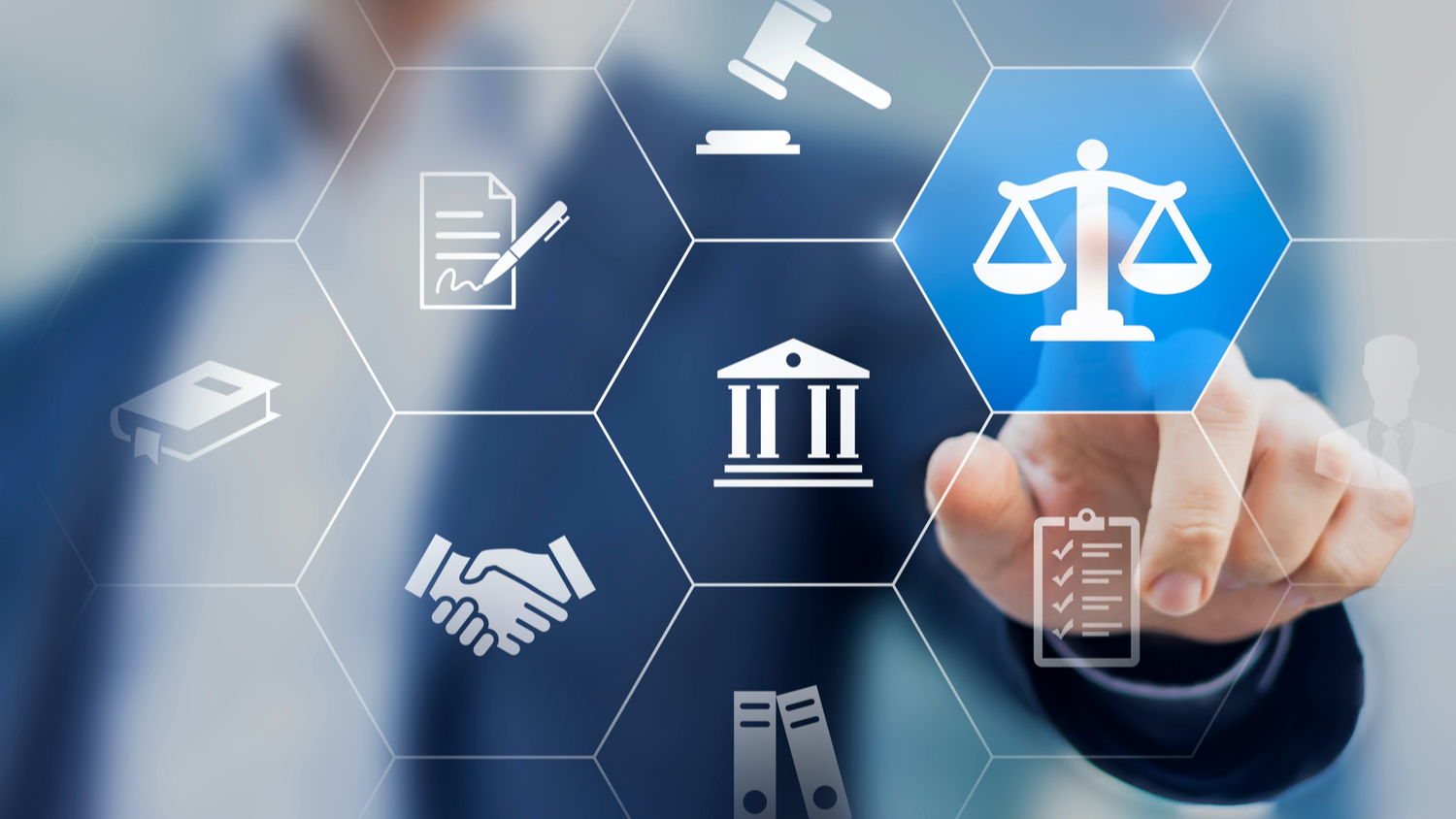 Legal advice service concept with lawyer working for justice, law, business legislation, and paperwork expert consulting, icons with person in background