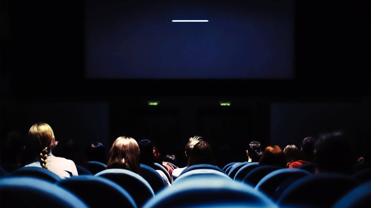 A group of people seated in a cinema, about to watch a feature-length film