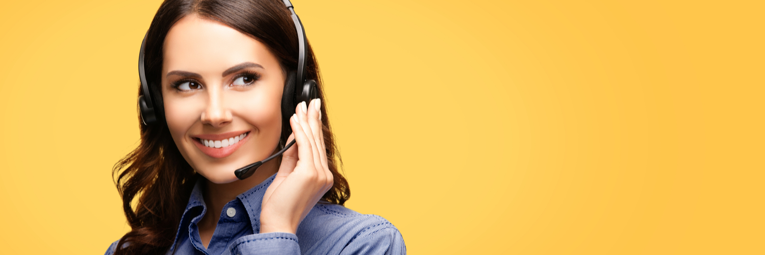 A woman with a headset over a yellow background