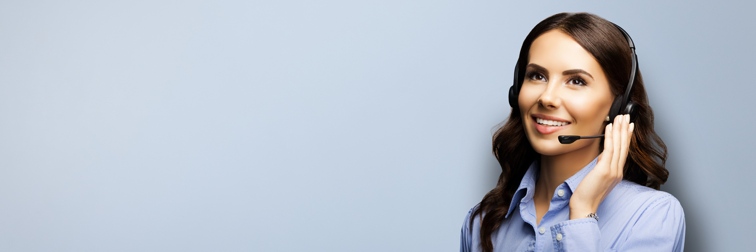 Woman with a headset over a grey background