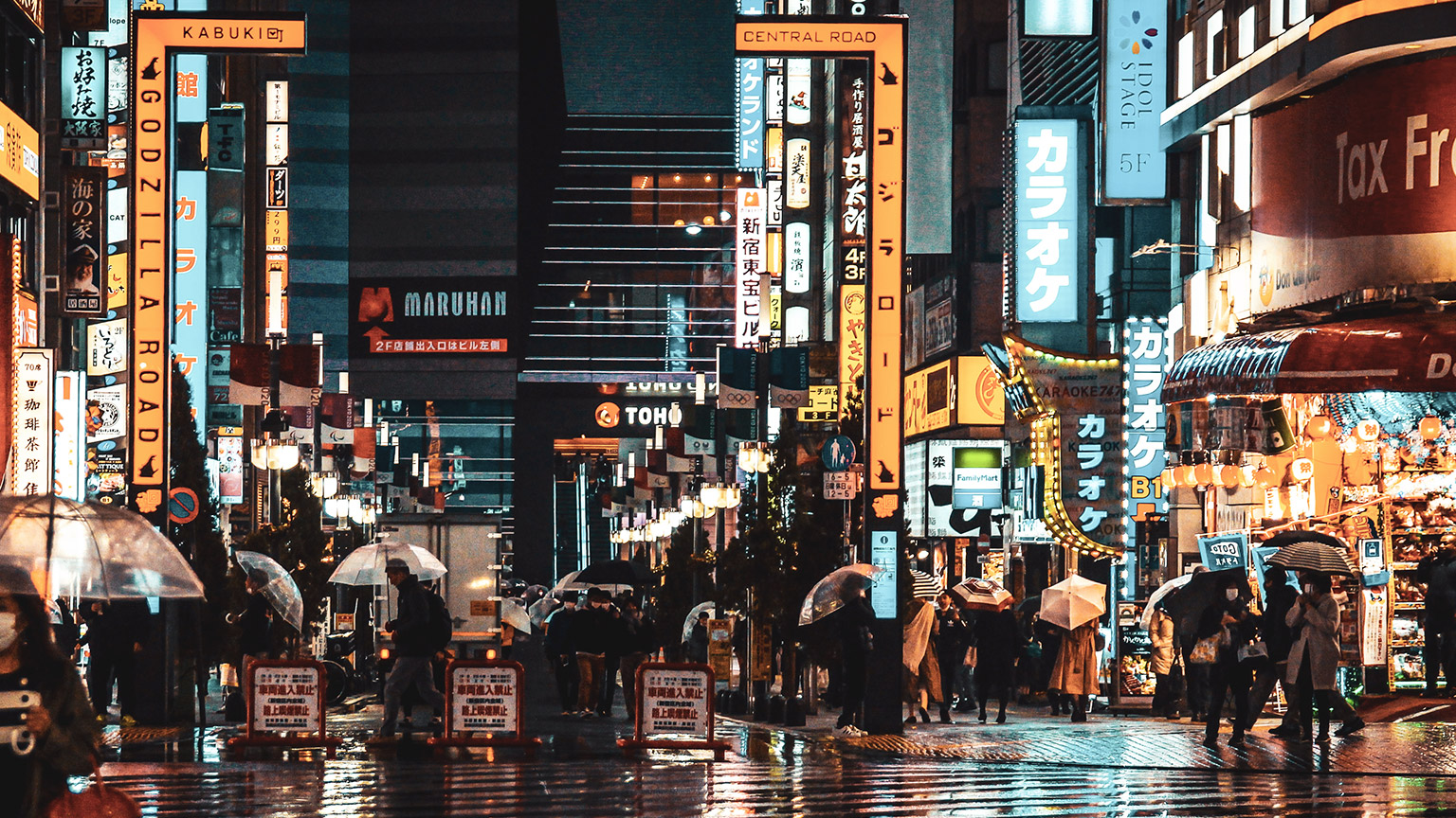 A wide view of a busy shopping area in a city