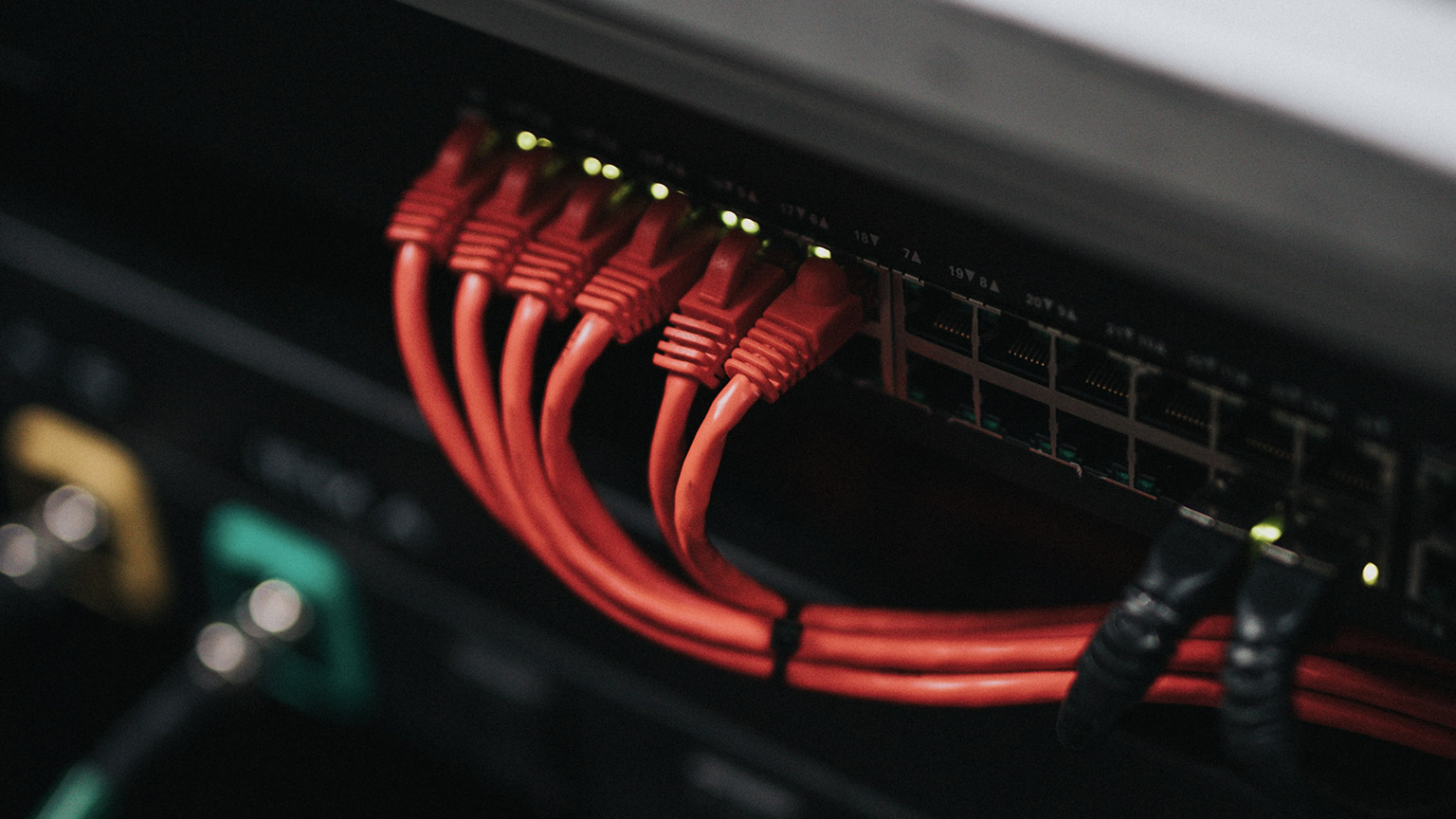 A close view of a network switch with ethernet cables attached