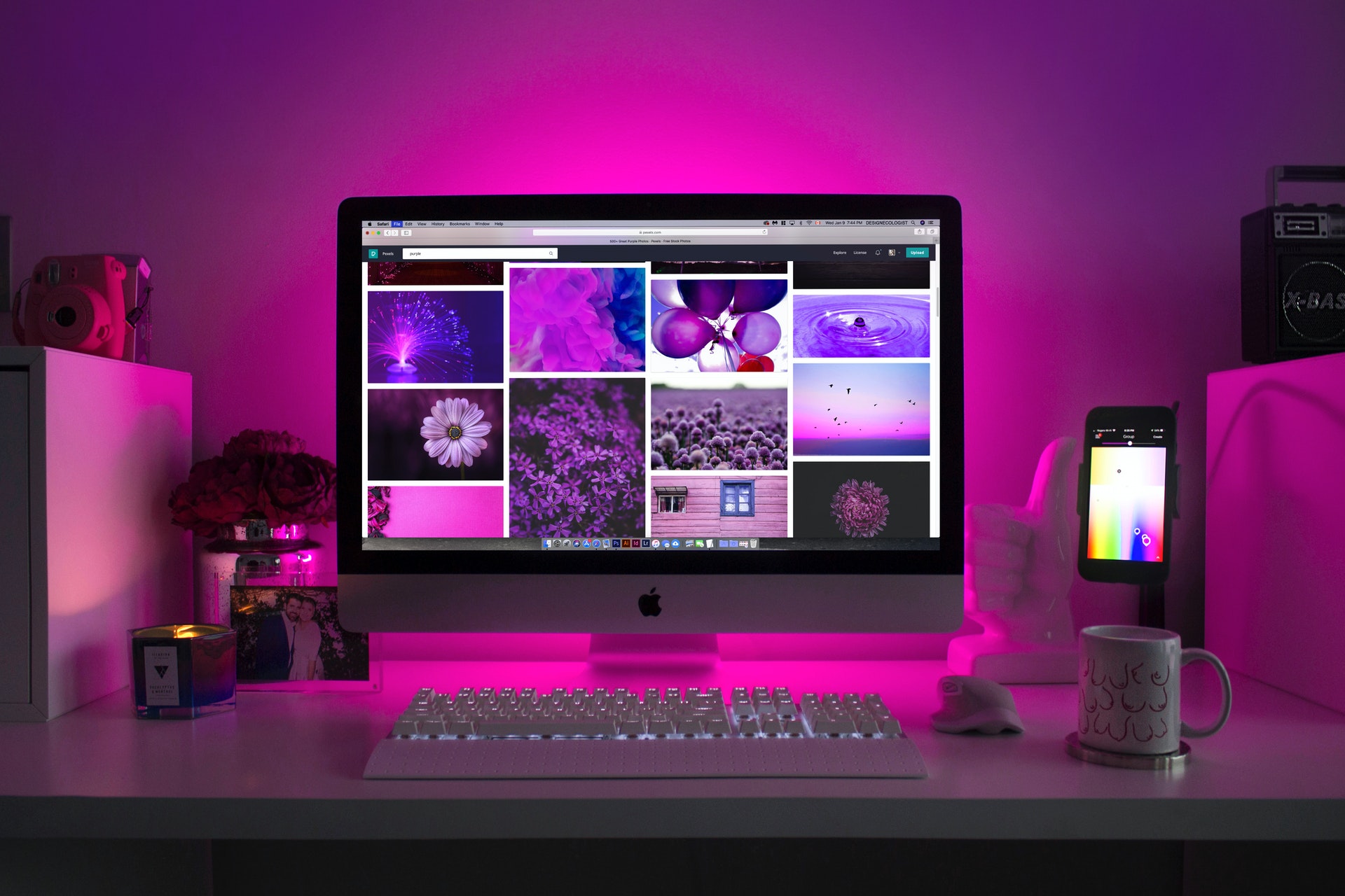 pink lighting and imac