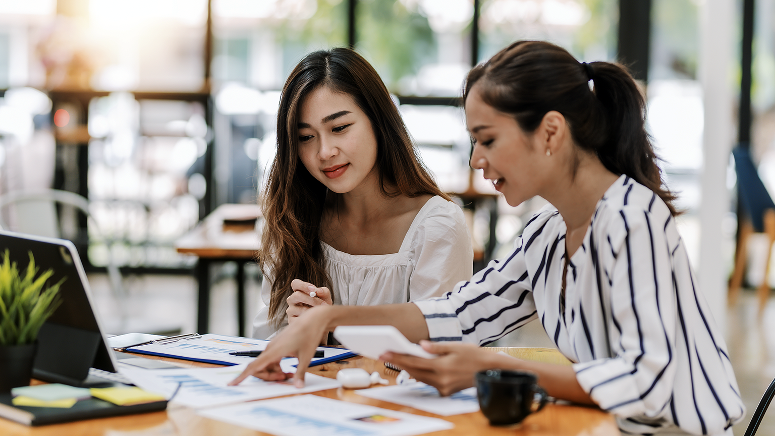 two young women talking over a project with laptop