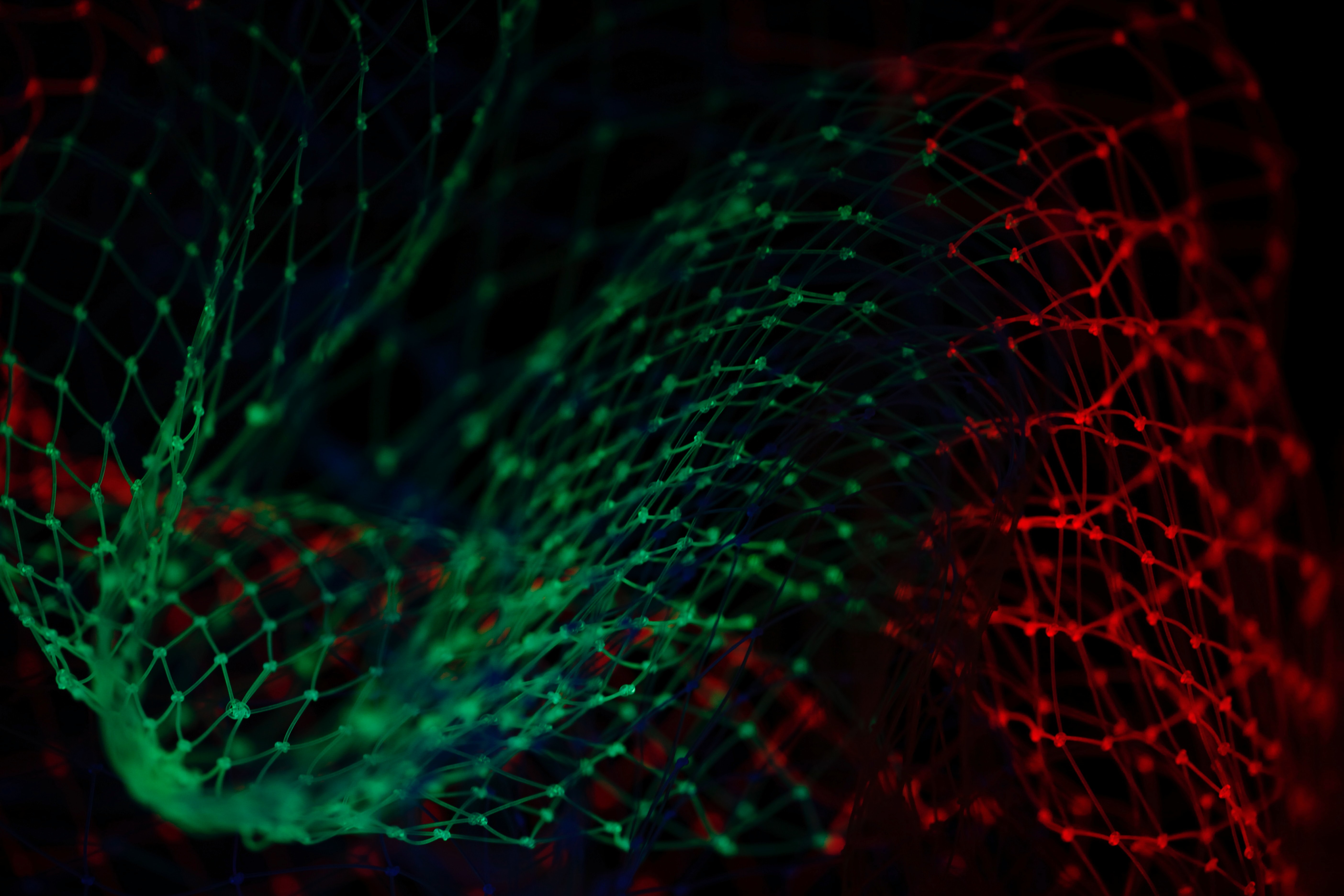 main topic image of stylised red and green net, representing data networks 