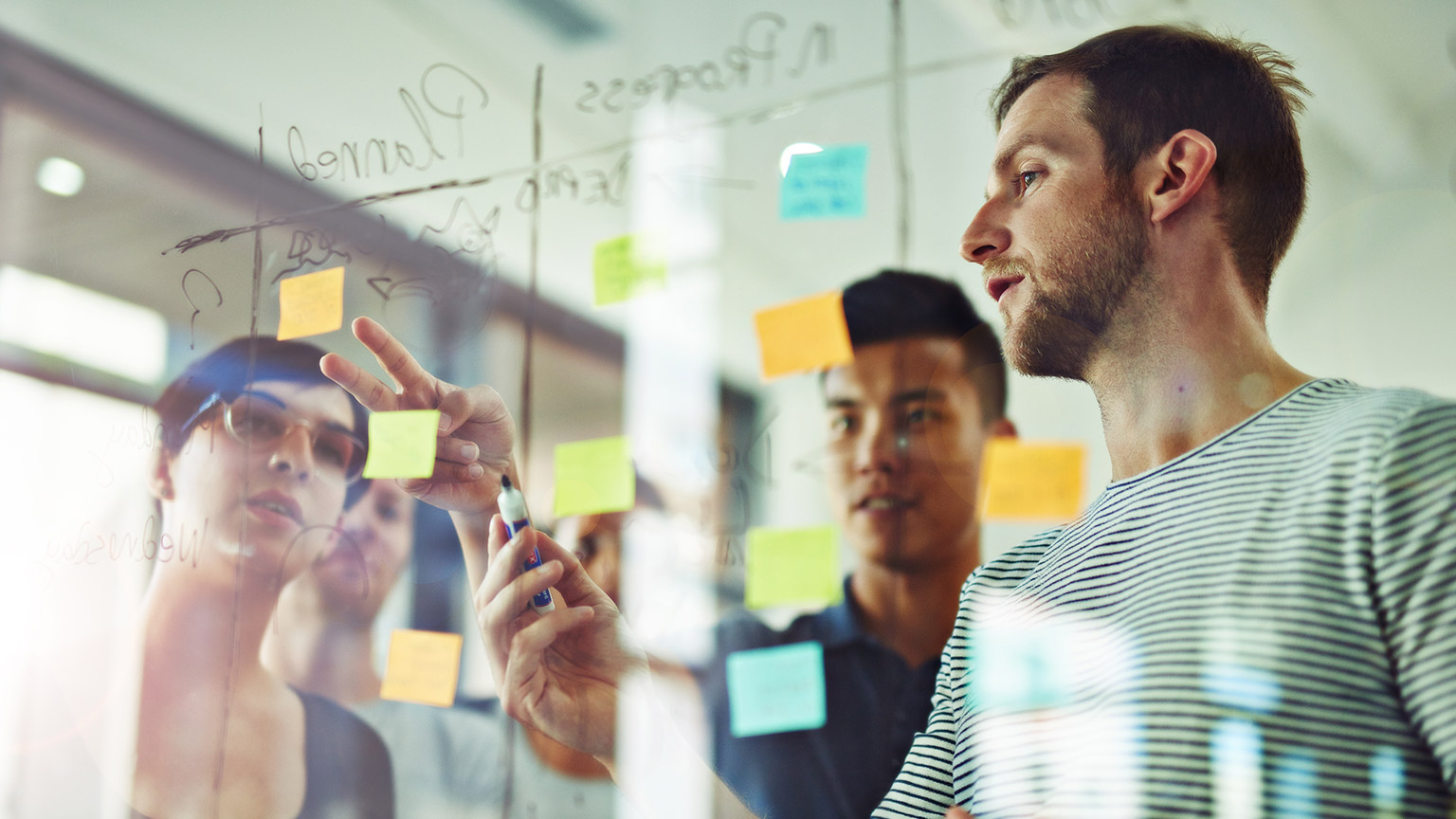 Business people discussing a plan or process with markers and sticky notes