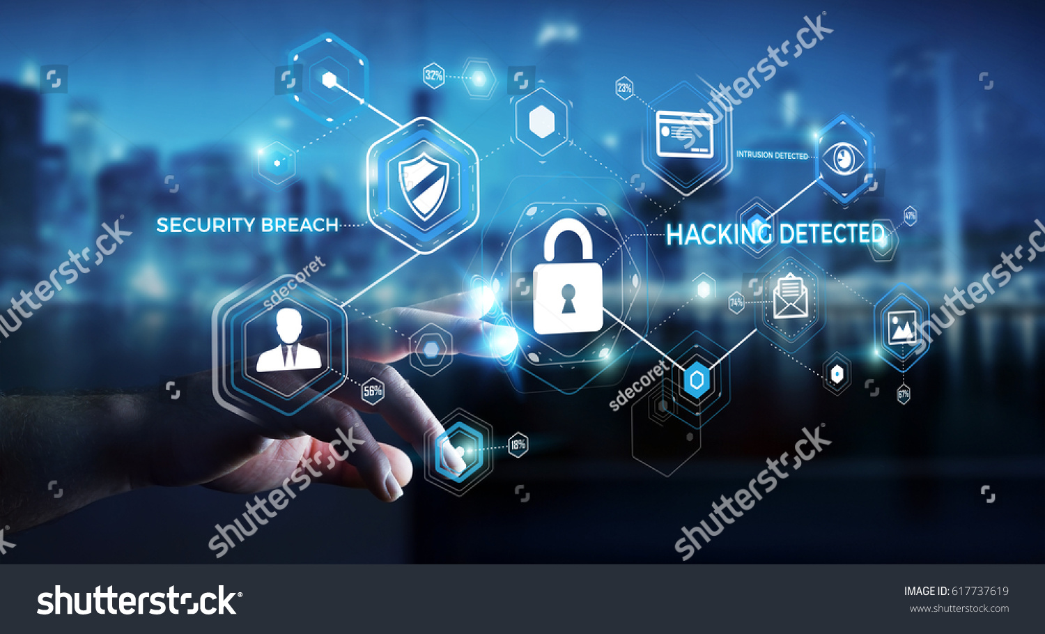 Businessman on blurred background using antivirus to block a cyber attack 3D rendering