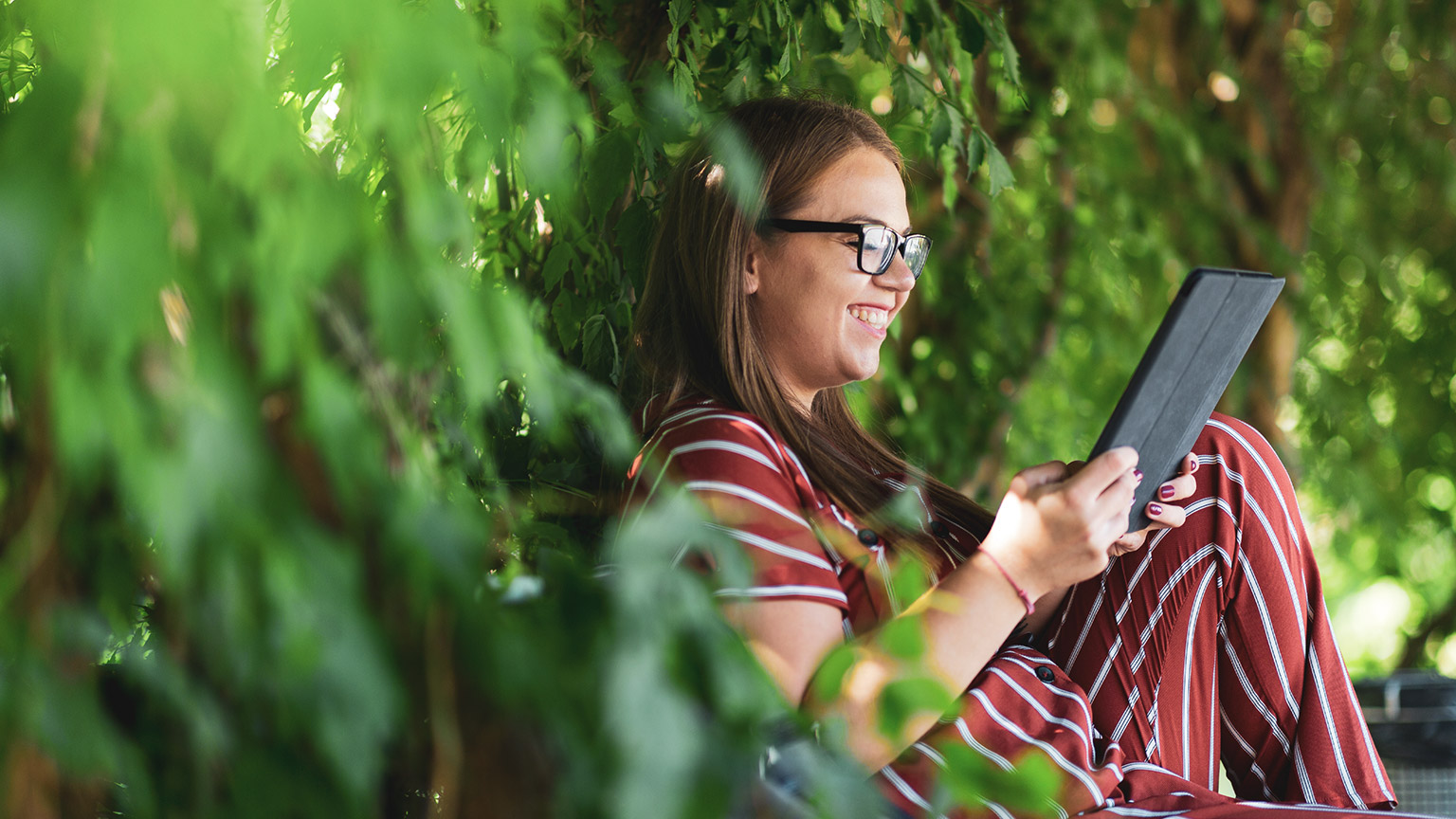 A person sitting under a tree reading from a tablet device