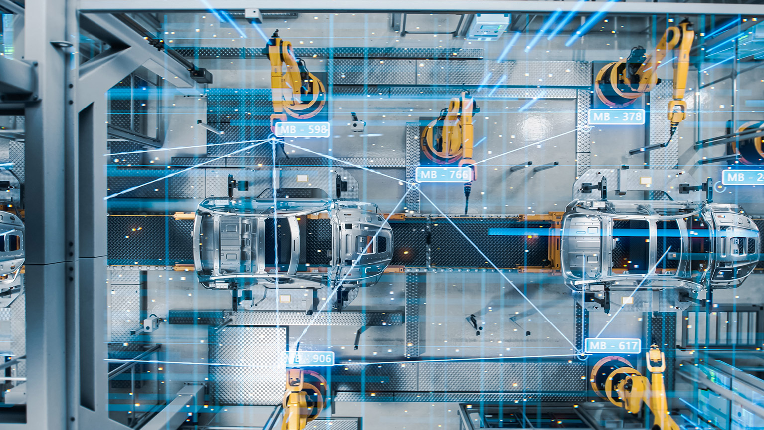 Aerial Car Top View Factory Digitalization Concept: Automated Robot Arm Assembly Line Manufacturing High-Tech Electric Vehicles. AI Computer Vision Analyzing, Scanning Production Efficiency.