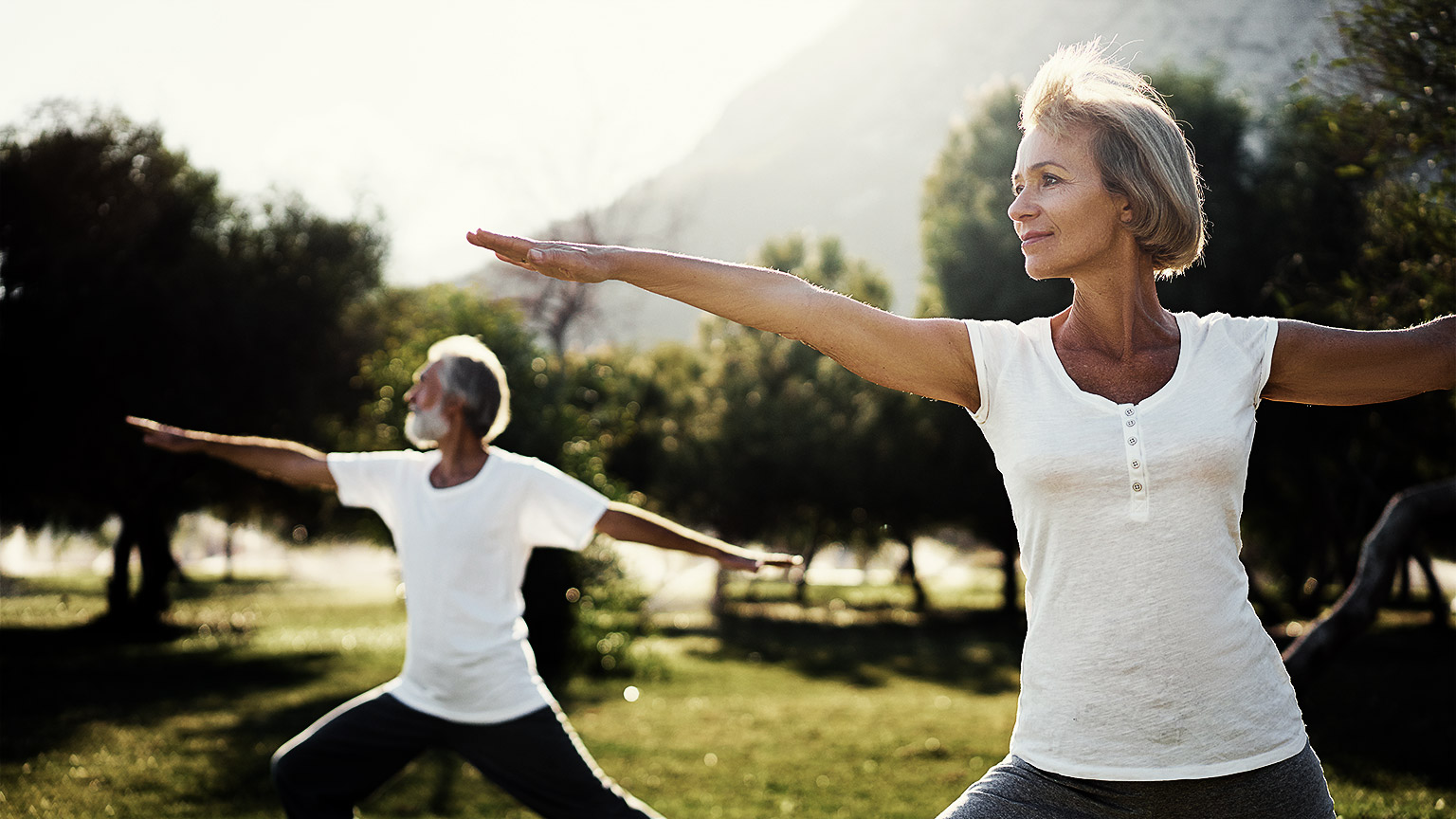 An old healthy couple doing yoga