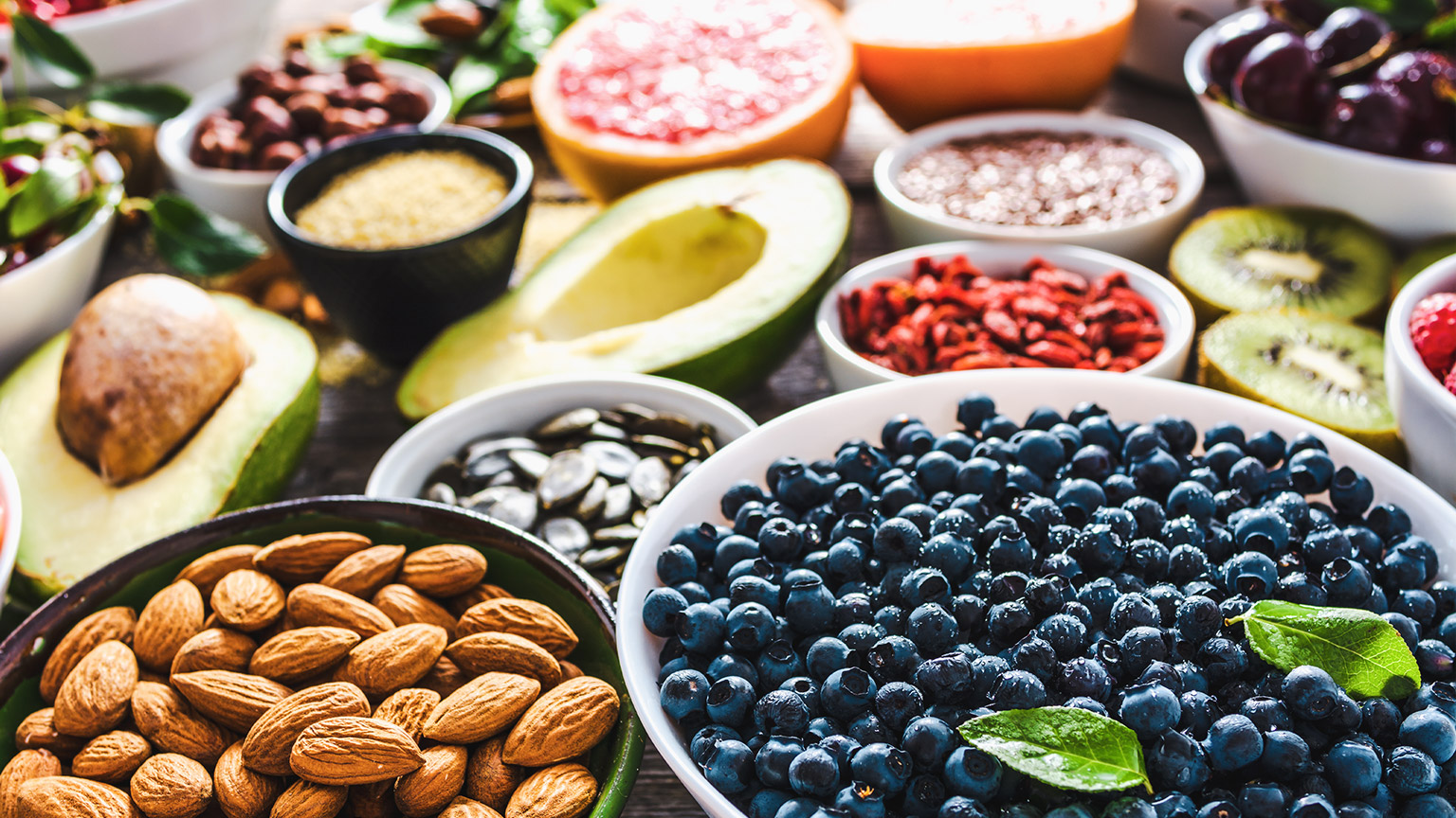 a variety of fresh fruit and nuts