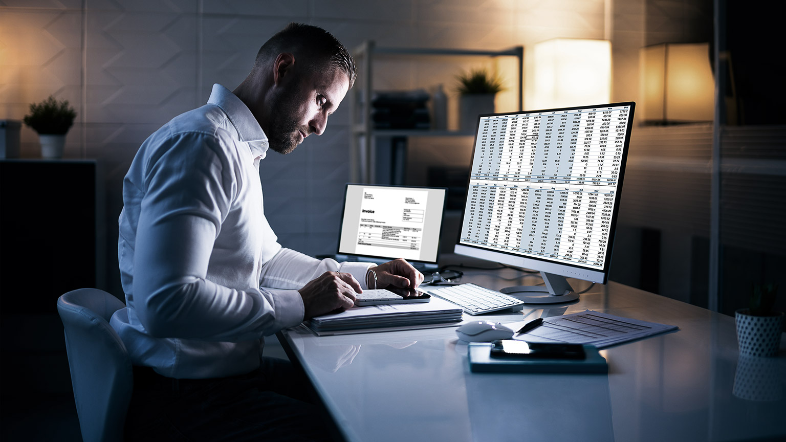 Accountant Man In Office At Night With Tax Documents