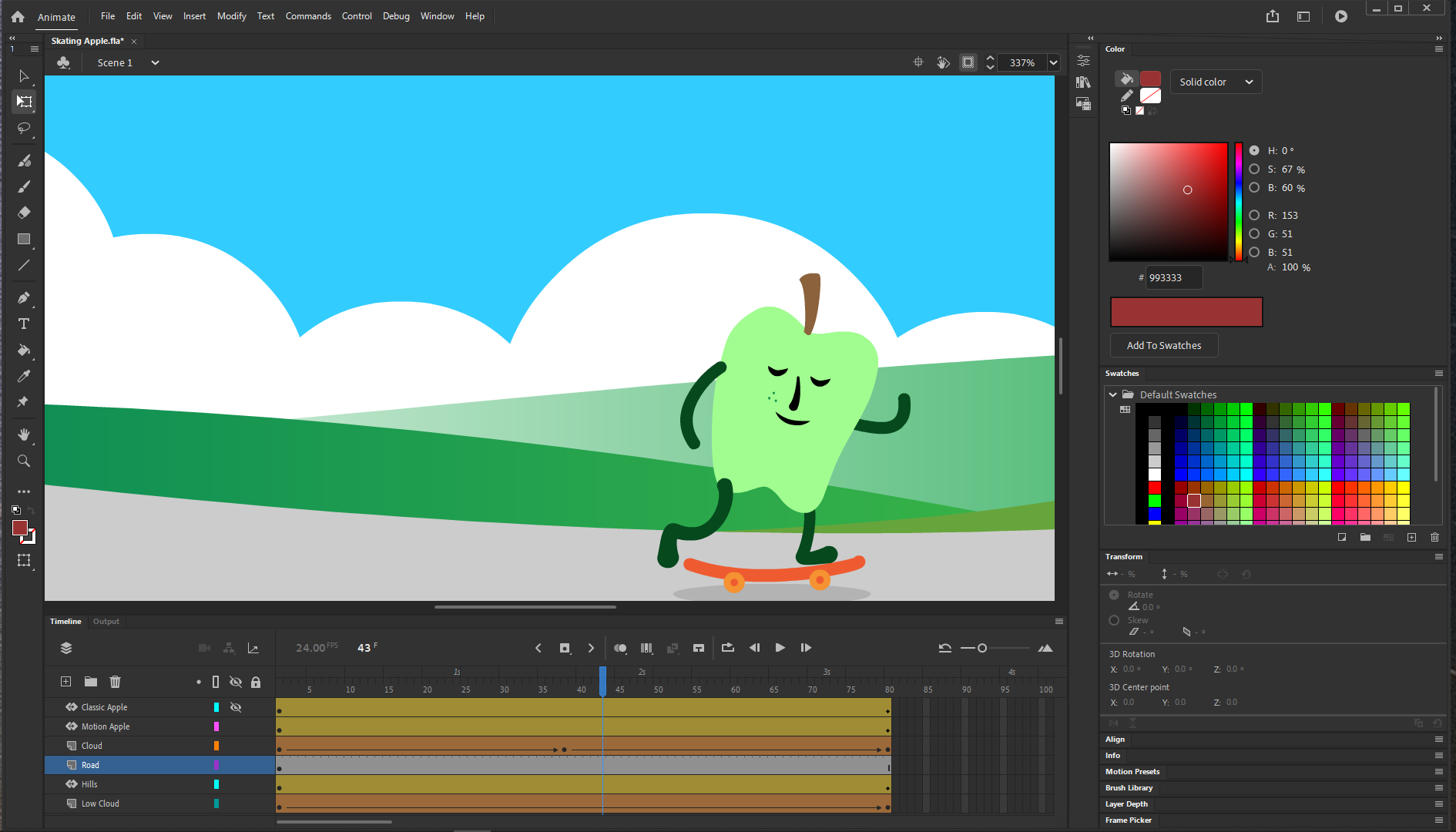 Adobe Animate workspace with a skateboarding apple. 