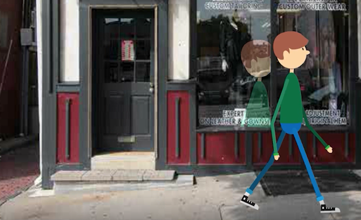 An illustrated character walking in front of a photorealistic shopfront