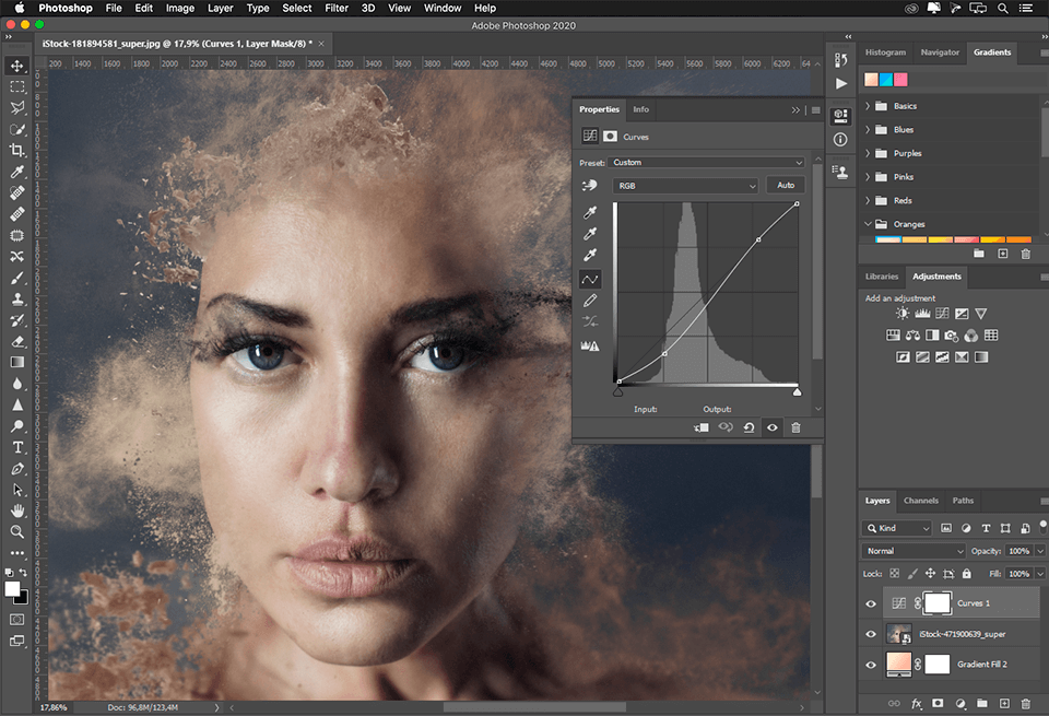 Adobe Photoshop interface with a ghosty woman and image effects