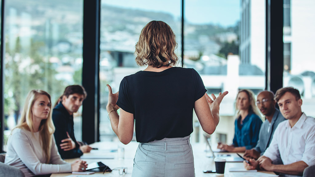 Rear view of a woman explaining new strategies to coworkers during conference meeting in office