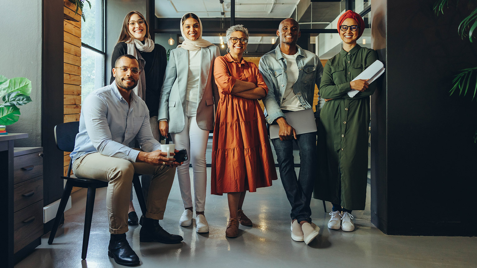 A diverse group in an office