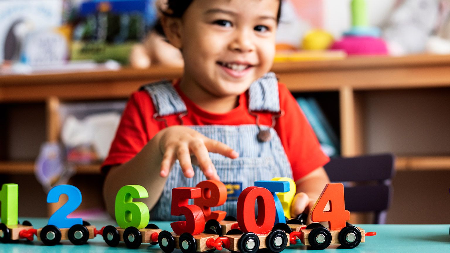 A close view of a child playing in a child care facility