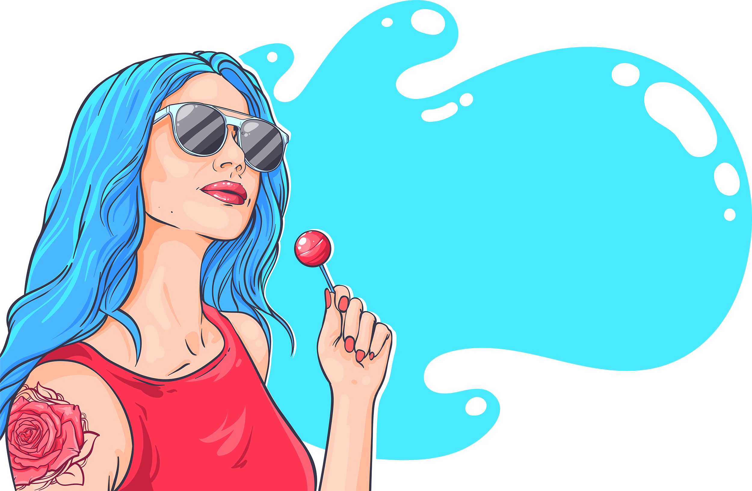 An illustrated woman with a rose tatoo and a lollipop wearing sunglasses with a blue bubble in her background. 