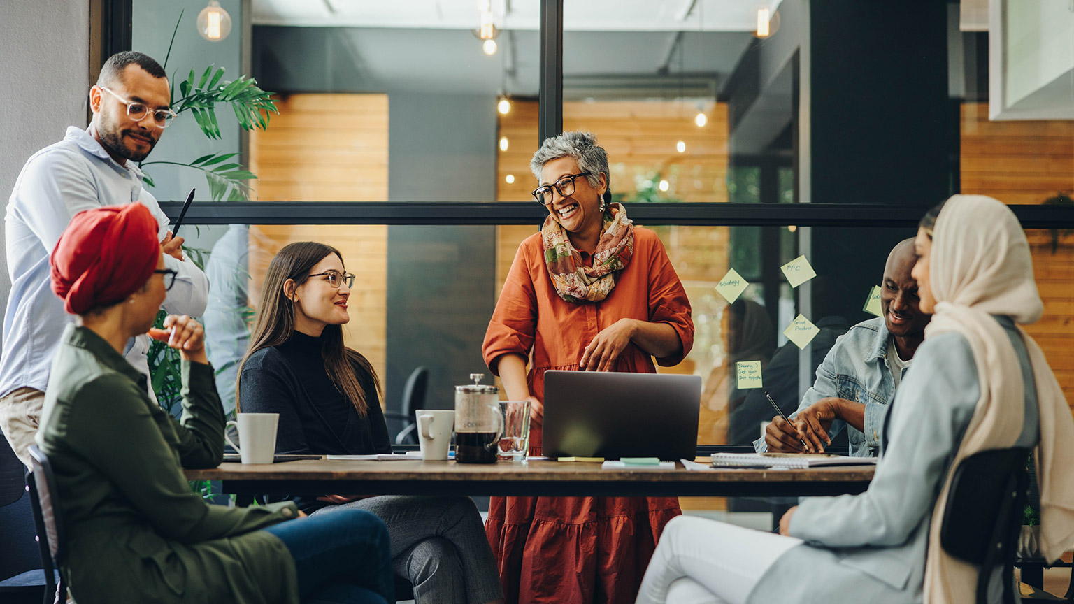 A diverse group of coworkers in a modern office