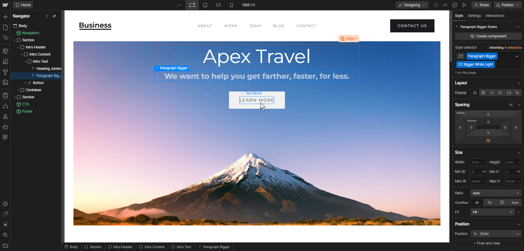 The workspace of Webflow with a business site template showing a mountain landscape.