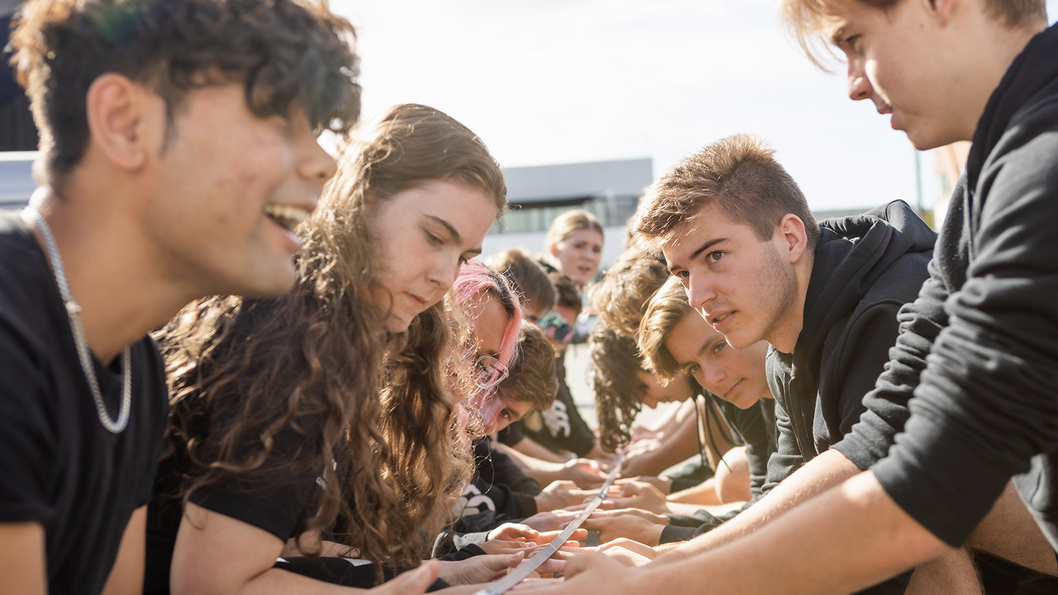 A large group of students outside