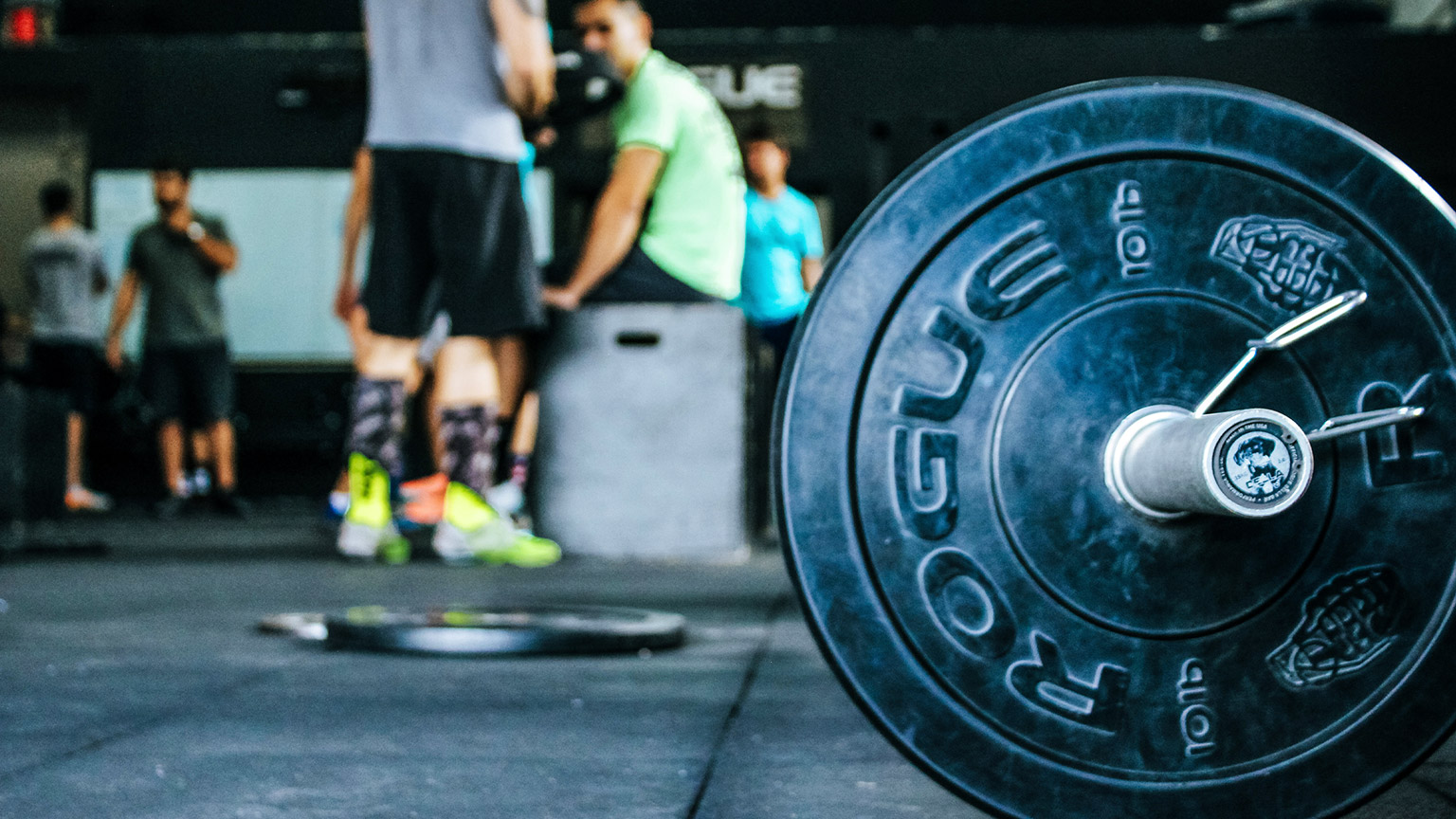 A close view of a barbell on the floor of a gym