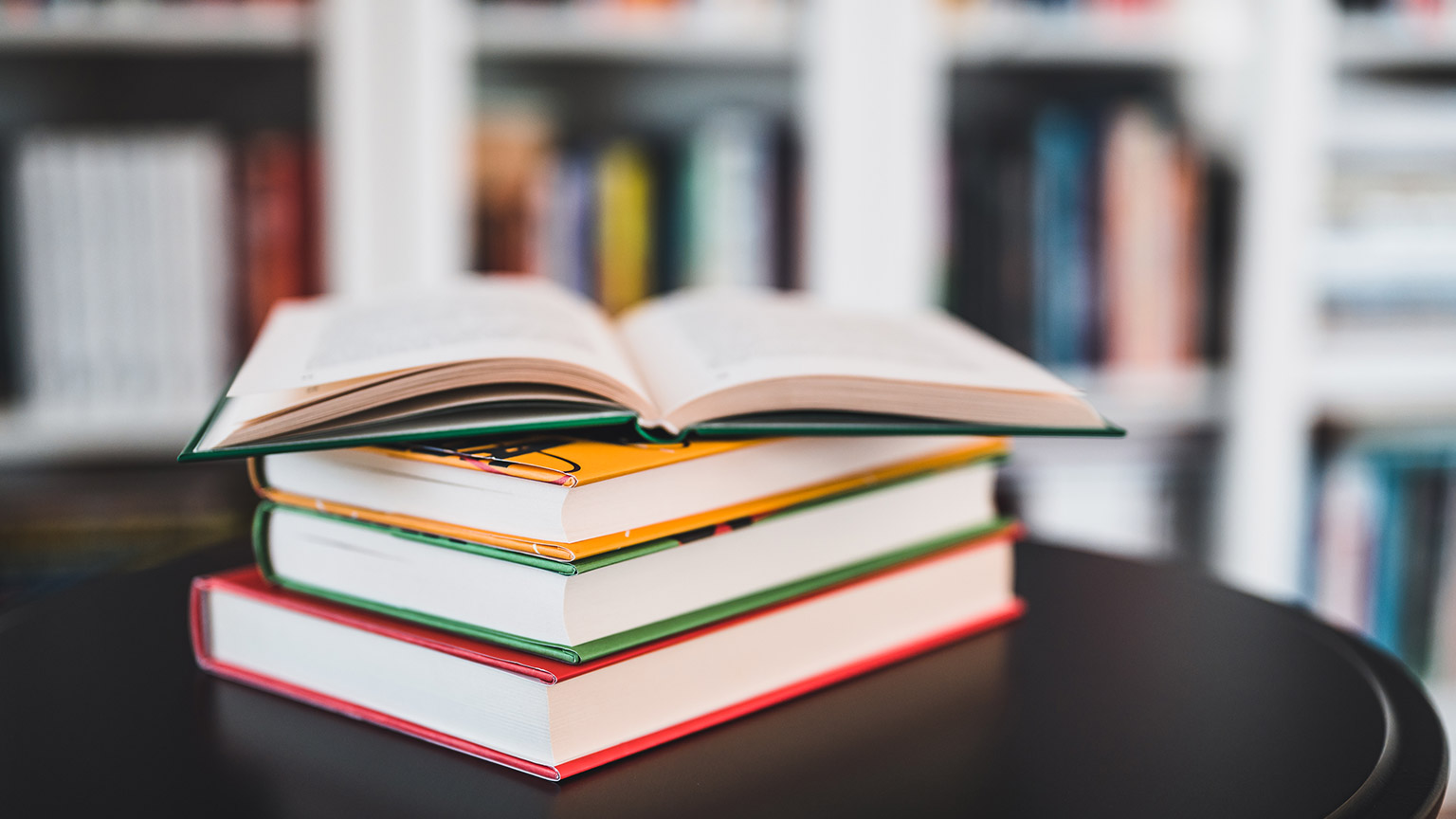 A stack of books in a library