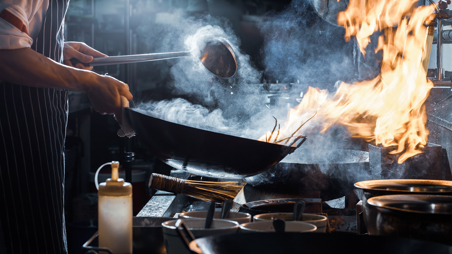 A chef in a commercial kitchen