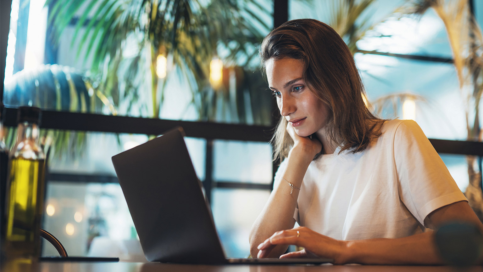 female manager using laptop at coworking workplace, girl freelancer writing on keyboard, businesswoman working via portable computer, education process