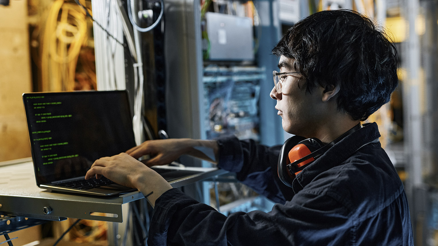 Network technician setting up connection server