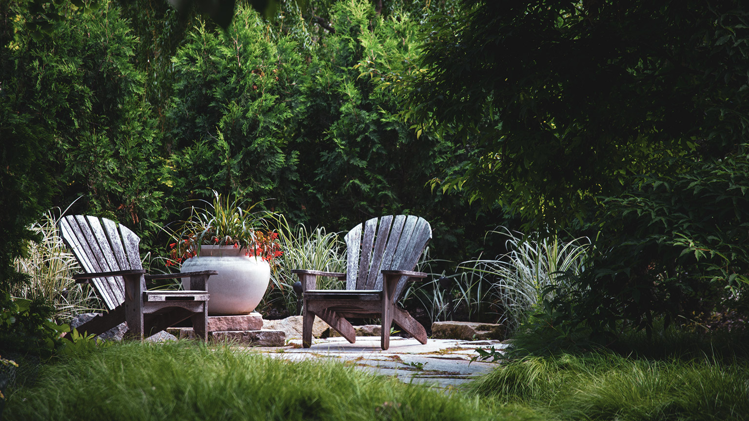 A picturesque garden setting with two chairs