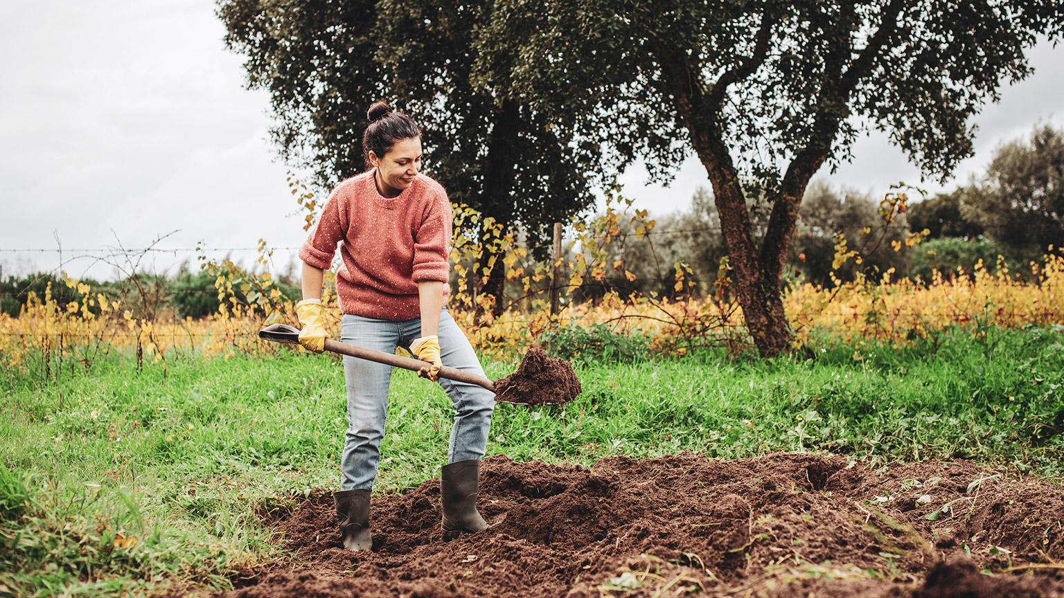 A gardener digging in a large open space