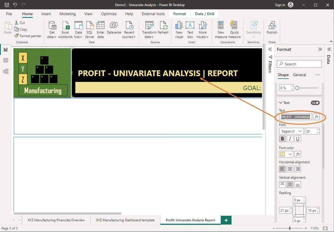 Screenshot of customising the report title element using Power BI Desktop © Microsoft