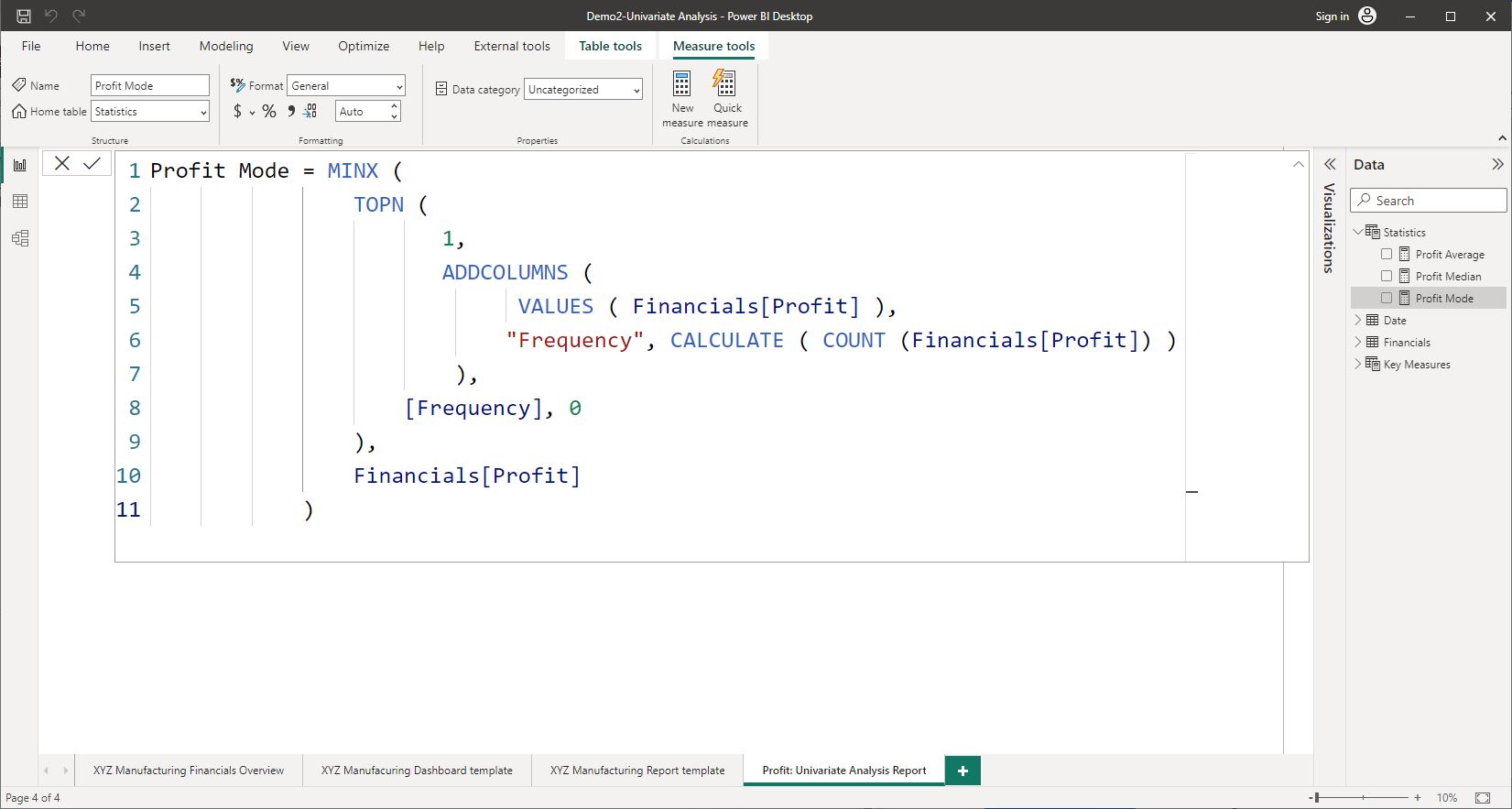 Screenshot the DAX measure to calculate the mode of the ‘Proift’ field using Power BI Desktop © Microsoft