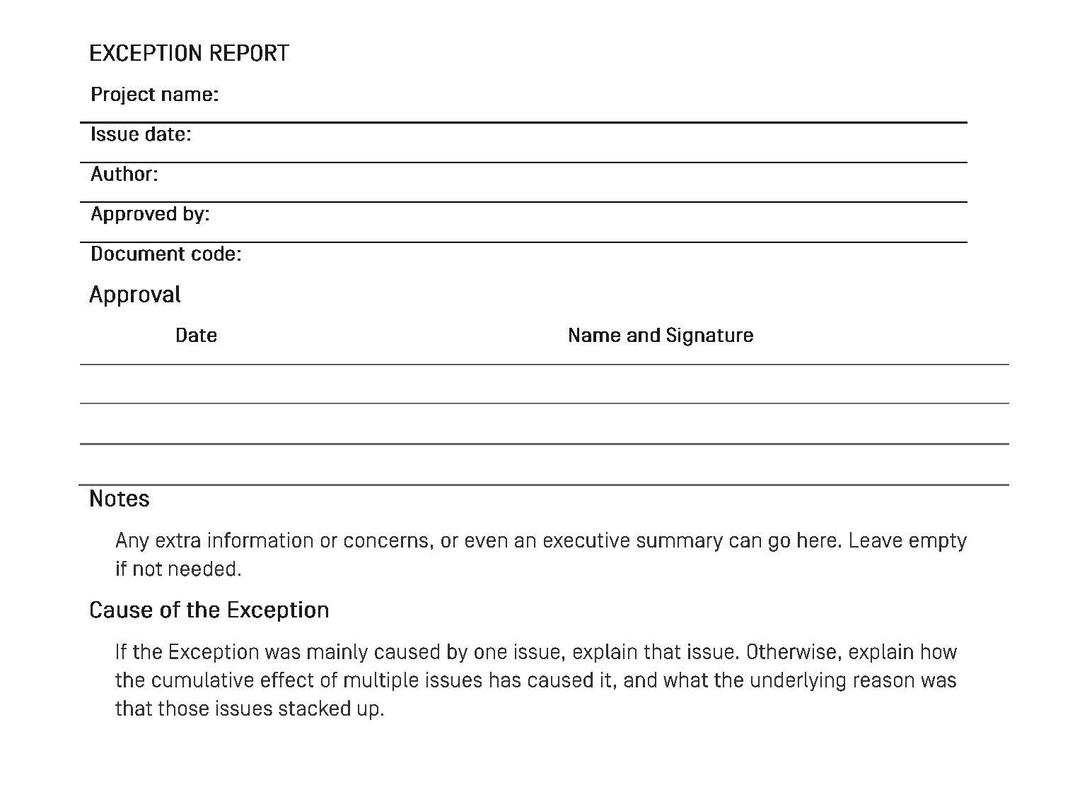 sample Exception Report template