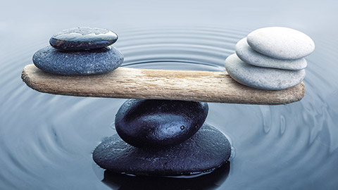 Carefully balanced black and white stones in water