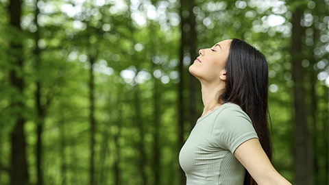 Side view portrait of an asian woman breathing fresh air in a forest