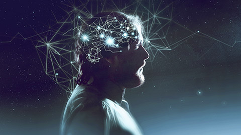 Profile of man with symbol neurons in brain