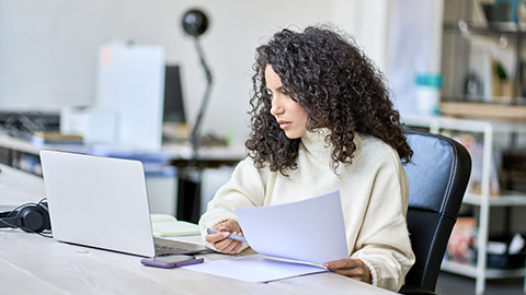 woman manager accounting analyst checking bills, analyzing sales statistics management