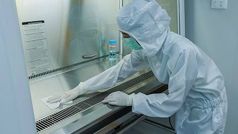 scientist in sterile coverall gown using alcohol 70% and cleanroom wipes for cleaning Biological safety cabinet