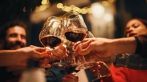 Close Up Shot of People Cheers, Making Toasts and Touch with Wine and Champagne Glasses