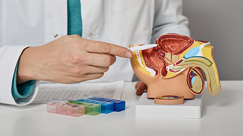 Anatomical model of male reproductive system, close-up