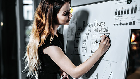 Woman evaluating risk, writing on whiteboard