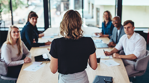 Rear view of a businesswoman addressing a meeting in office