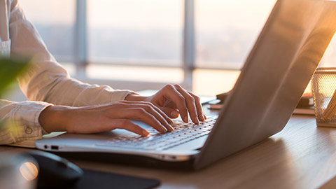 Adult businesswoman working at home using computer